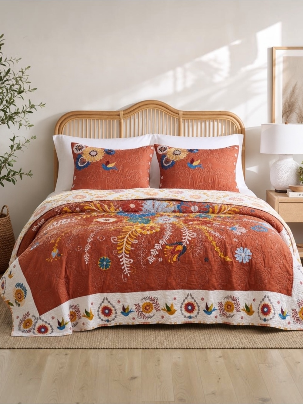 NEW Anthropologie Queen King Red Floral Boho Reversible Quilt Bedspread Sham Set